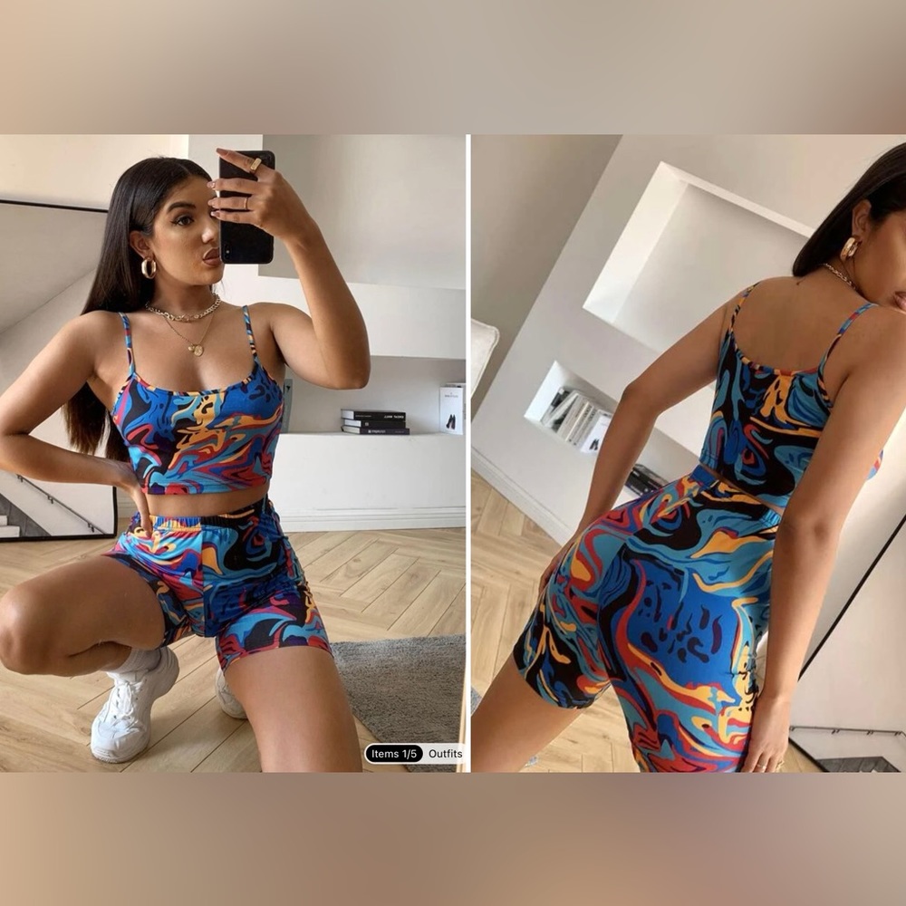 SHEIN EZwear Marble Cami Top & Biker Shorts Set